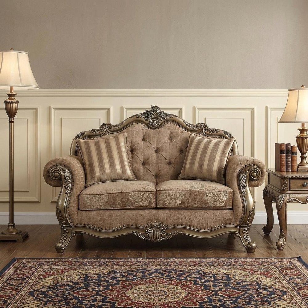 Brown and Platinum Damask Chesterfield Loveseat - 69-inch