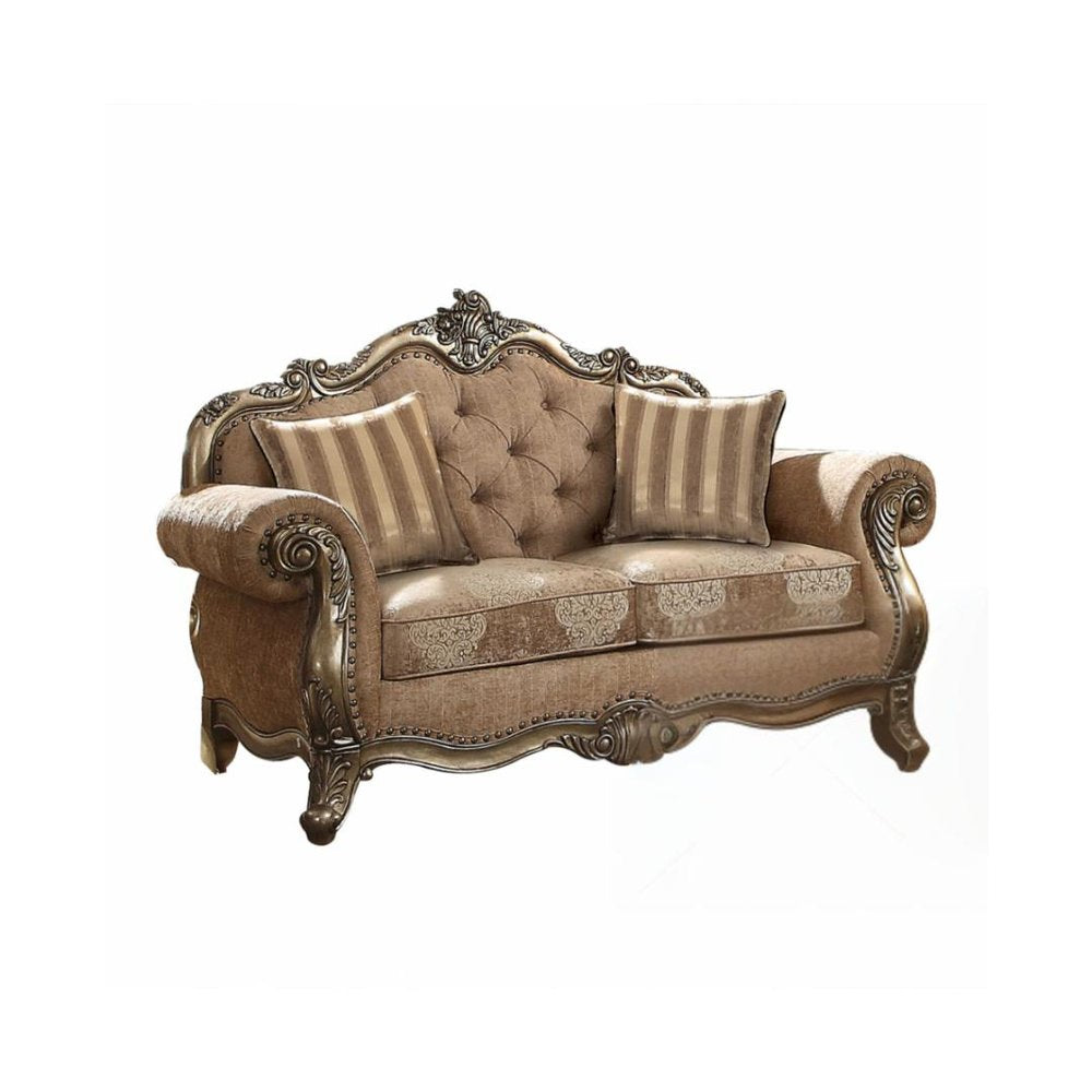 Brown and Platinum Damask Chesterfield Loveseat - 69-inch