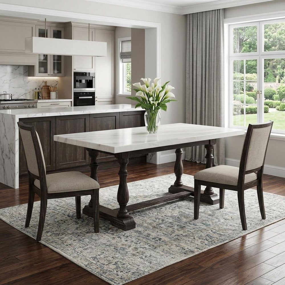 White and Gray Marble and Solid Wood Trestle Base Dining Table - 72-inch