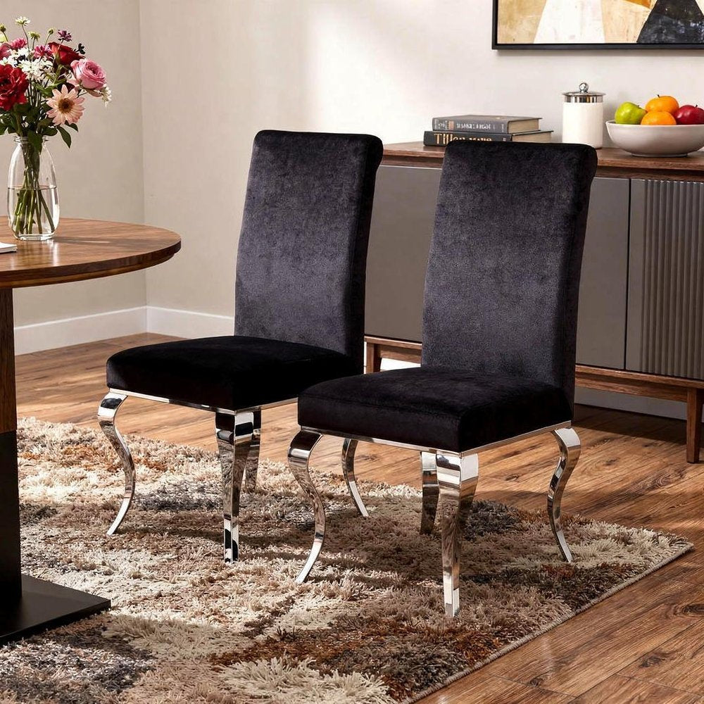 Set of Two Black and Silver Upholstered Fabric Dining Side Chairs