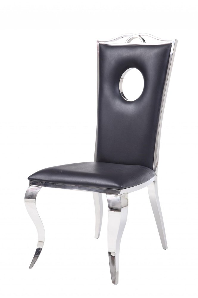 Set of Two Black and Silver Upholstered Faux Leather Dining Side Chairs
