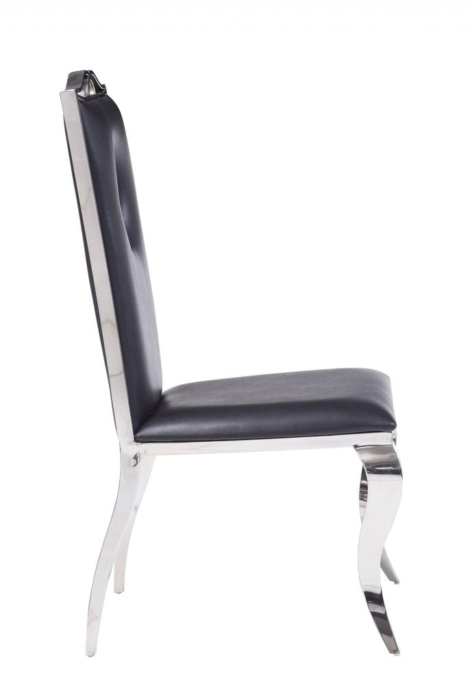 Set of Two Black and Silver Upholstered Faux Leather Dining Side Chairs
