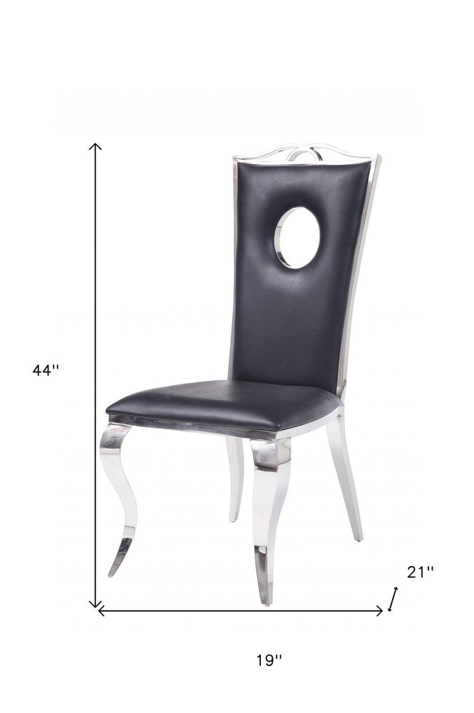 Set of Two Black and Silver Upholstered Faux Leather Dining Side Chairs