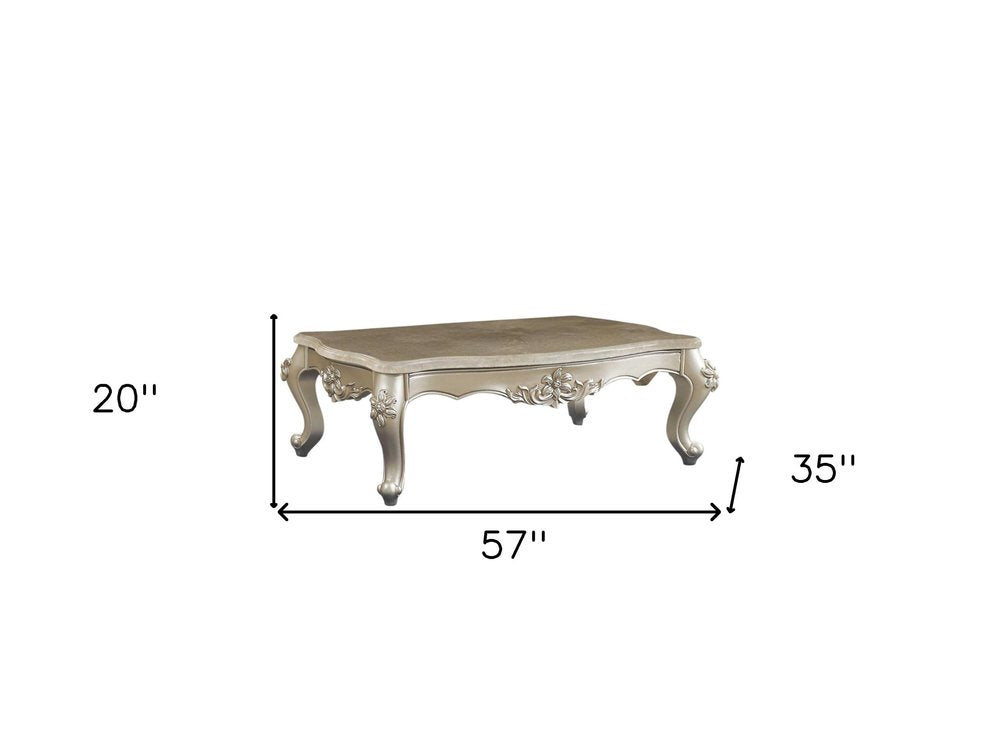 Beige Genuine Marble and Solid Wood Coffee Table - 57-inch