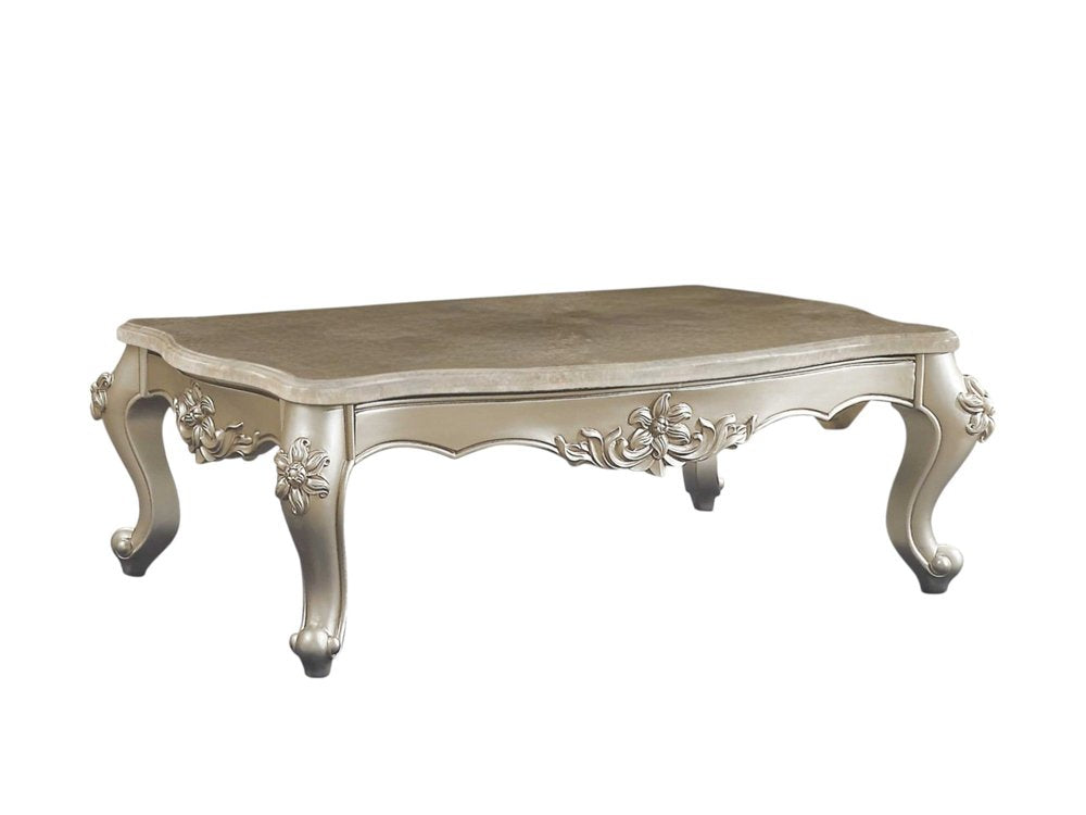 Beige Genuine Marble and Solid Wood Coffee Table - 57-inch