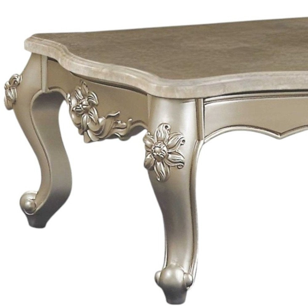 Beige Genuine Marble and Solid Wood Coffee Table - 57-inch