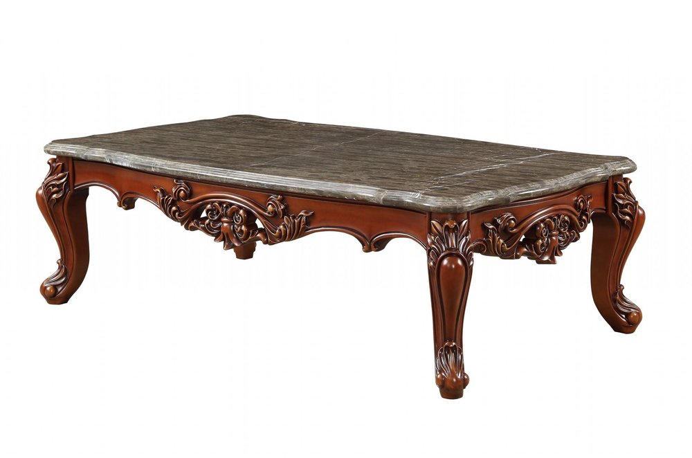 Gray and Brown Genuine Marble and Solid Wood Coffee Table - 36-inch