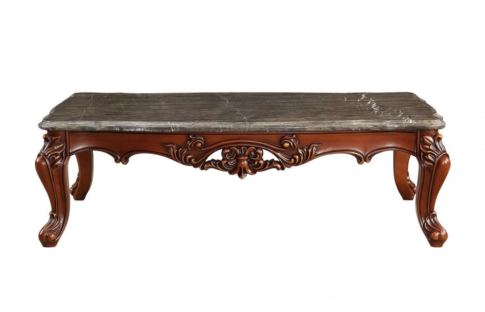 Gray and Brown Genuine Marble and Solid Wood Coffee Table - 36-inch