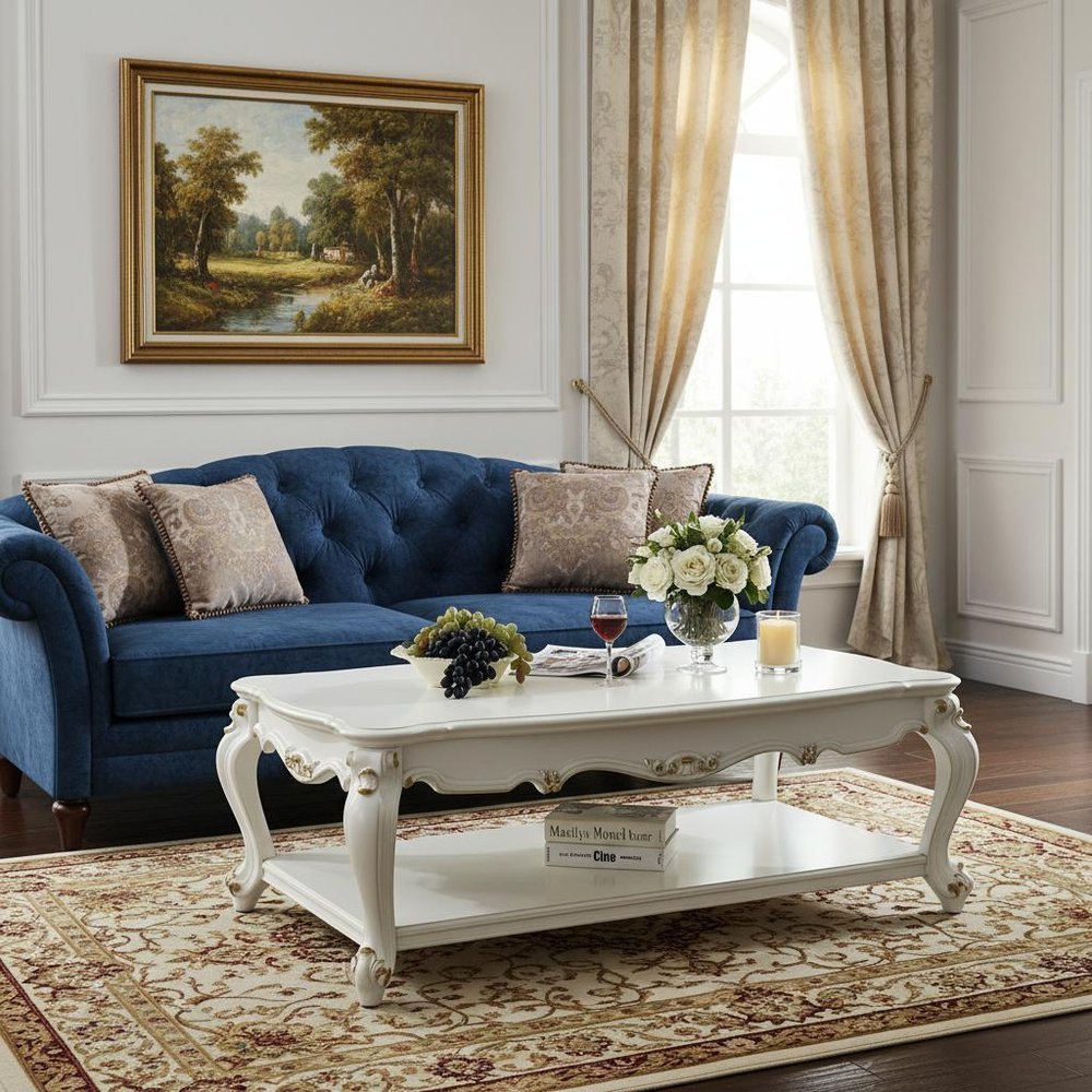 White Resin and Wood Coffee Table with Shelf - 36-inch
