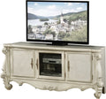 Off White Wood and Glass Carved Scrollwork Entertainment Center