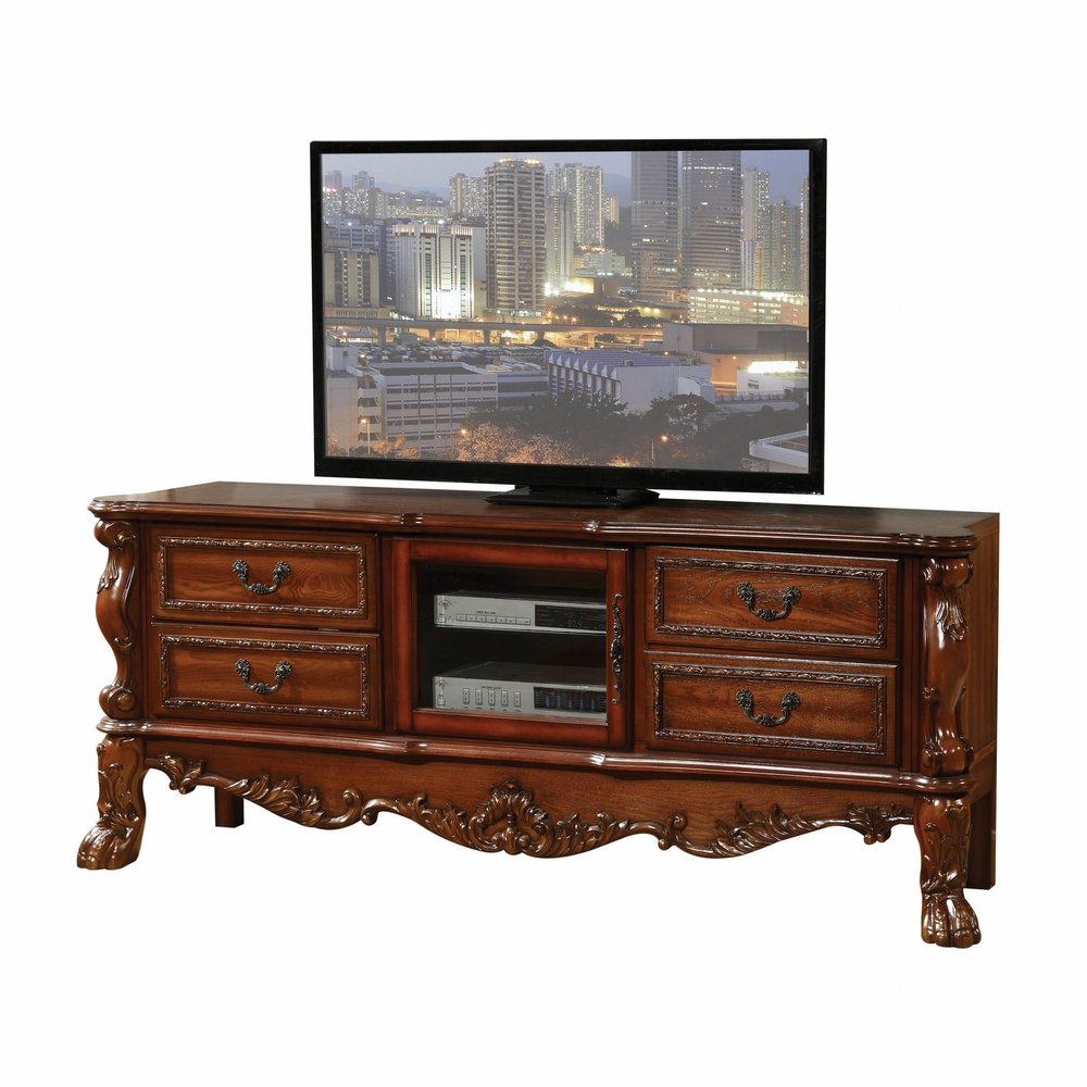 Off White Wood and Glass Carved Scrollwork Entertainment Center