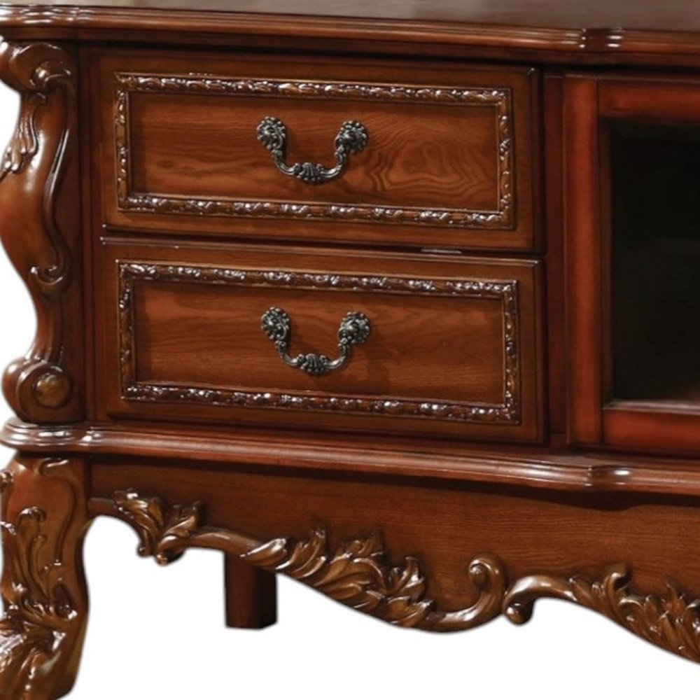 Off White Wood and Glass Carved Scrollwork Entertainment Center