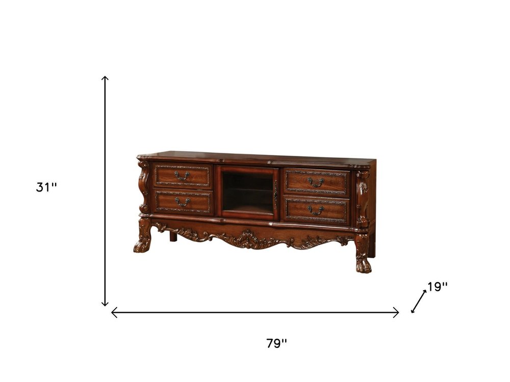 Off White Wood and Glass Carved Scrollwork Entertainment Center