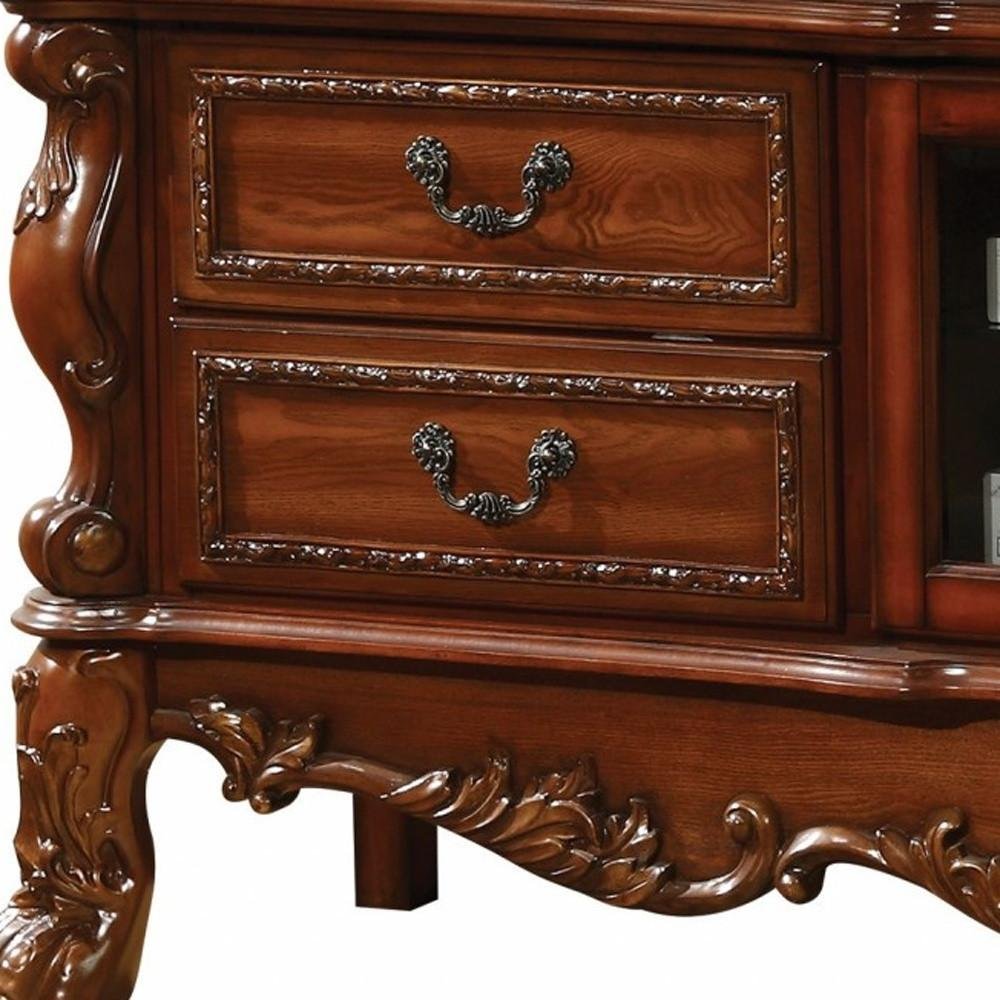 Off White Wood and Glass Carved Scrollwork Entertainment Center
