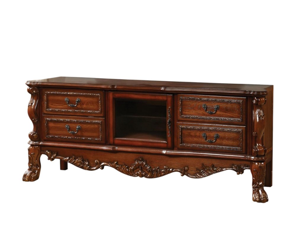 Off White Wood and Glass Carved Scrollwork Entertainment Center