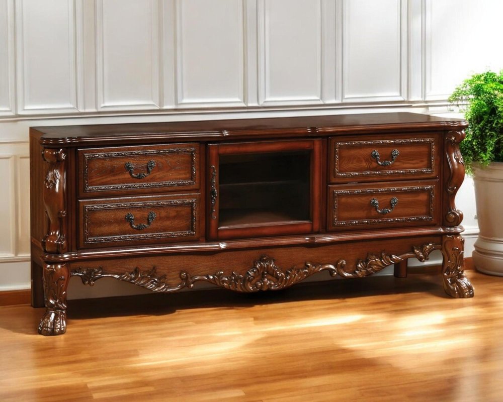 Off White Wood and Glass Carved Scrollwork Entertainment Center