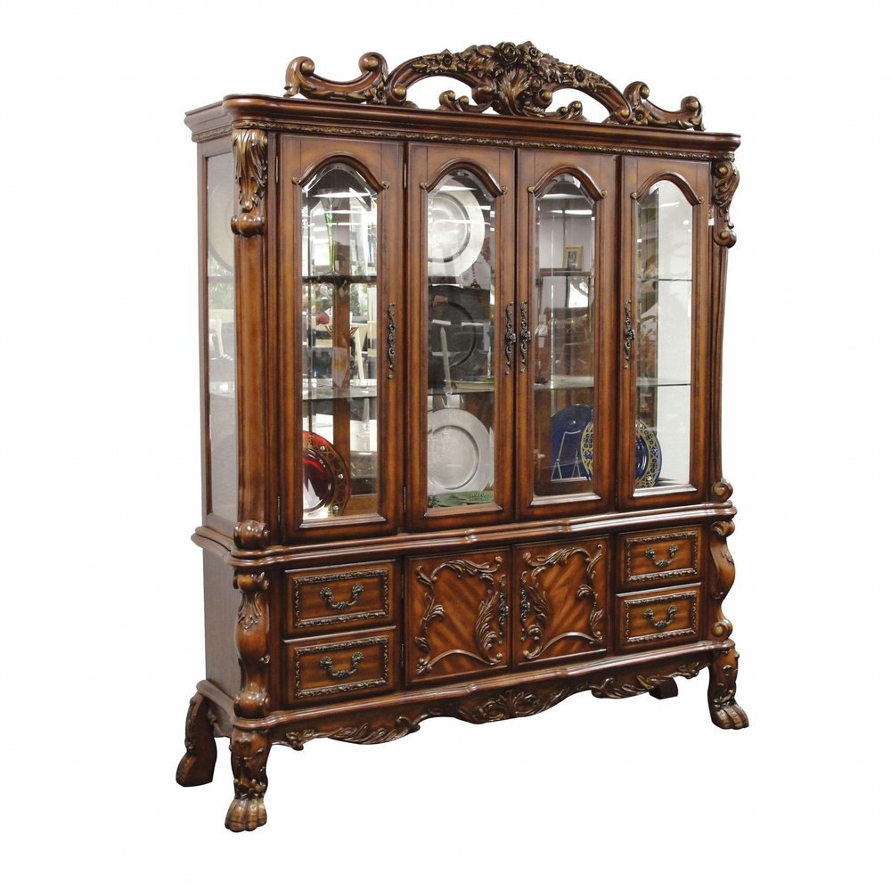 Cherry Oak Wood Poly Resin Glass Hutch Buffet - 19 X 74 X 89-inch