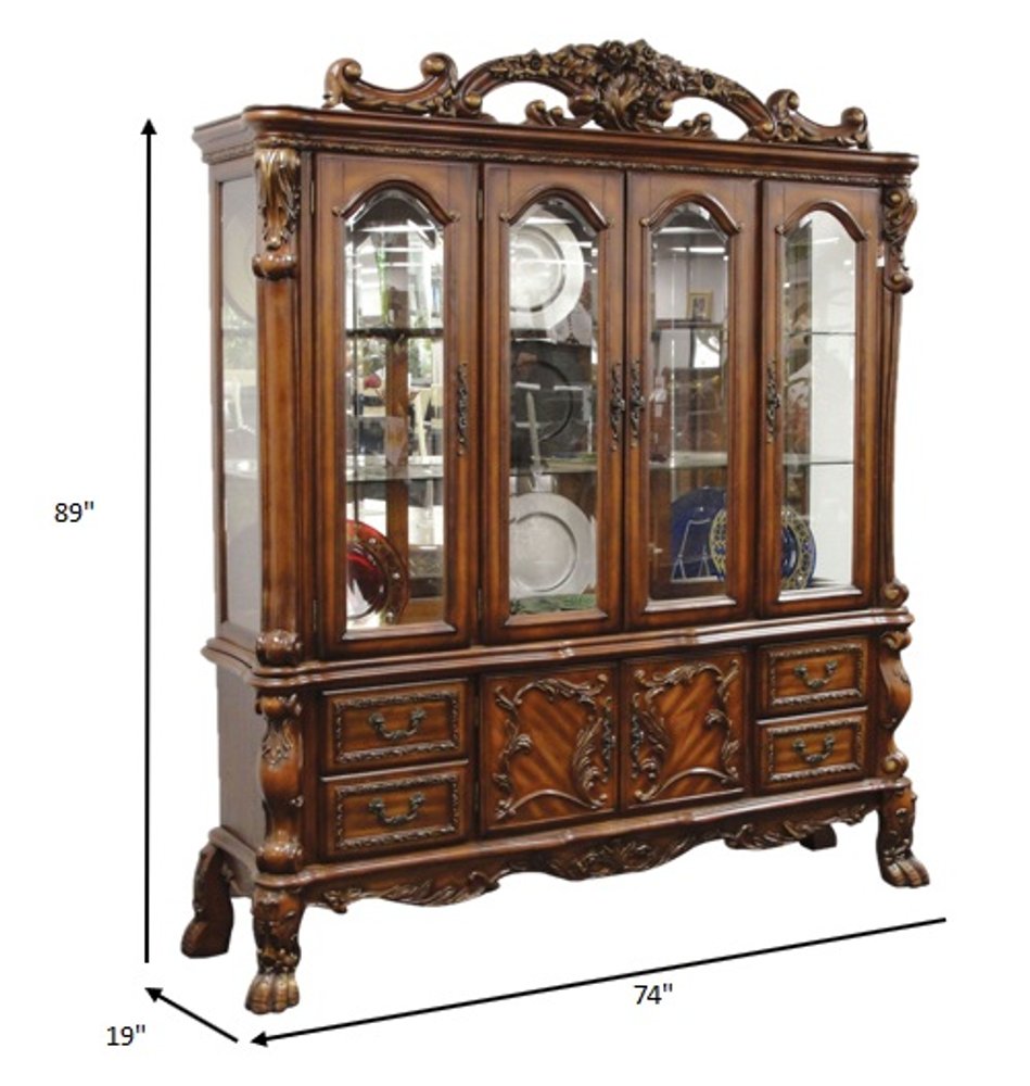 Cherry Oak Wood Poly Resin Glass Hutch Buffet - 19 X 74 X 89-inch