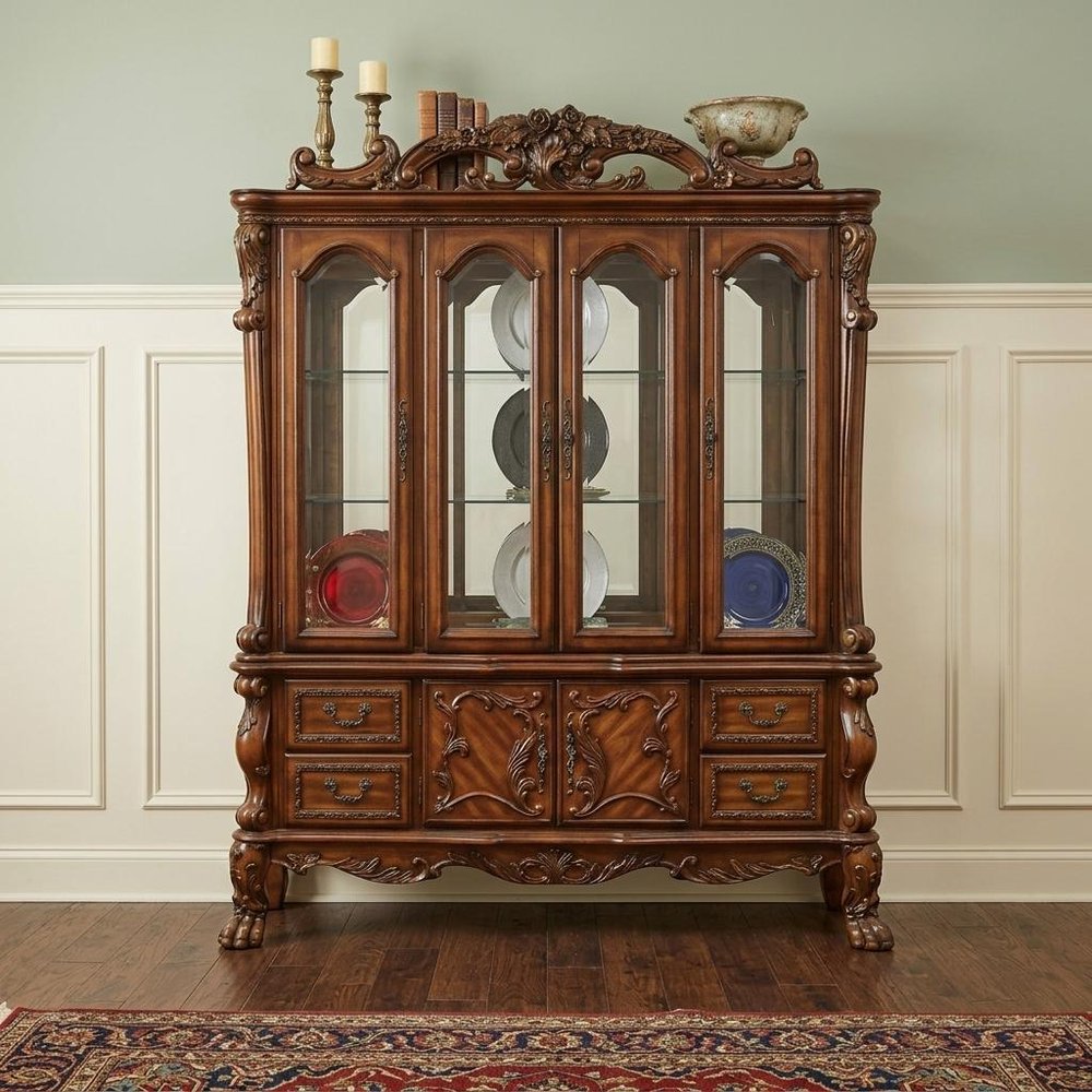 Cherry Oak Wood Poly Resin Glass Hutch Buffet - 19 X 74 X 89-inch