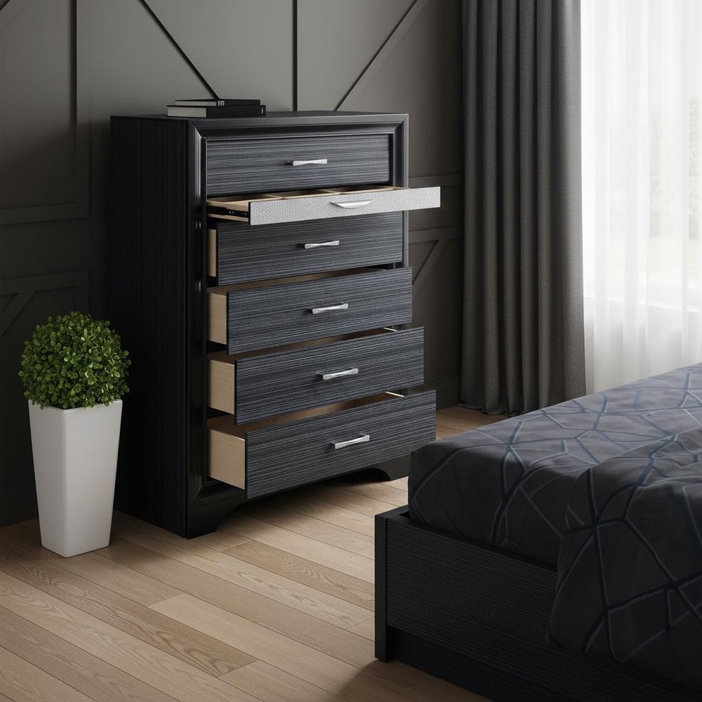 Black Solid Wood Six Drawer Chest - 34-inch