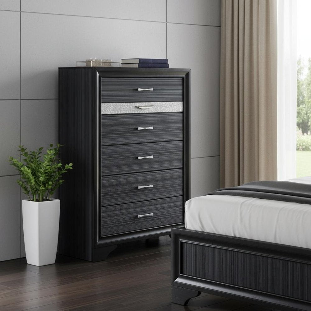 Black Solid Wood Six Drawer Chest - 34-inch