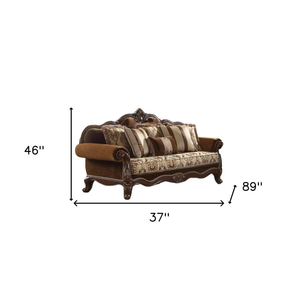 Oak Velvet Floral Sofa and Toss Pillows with Espresso Legs - 37-inch