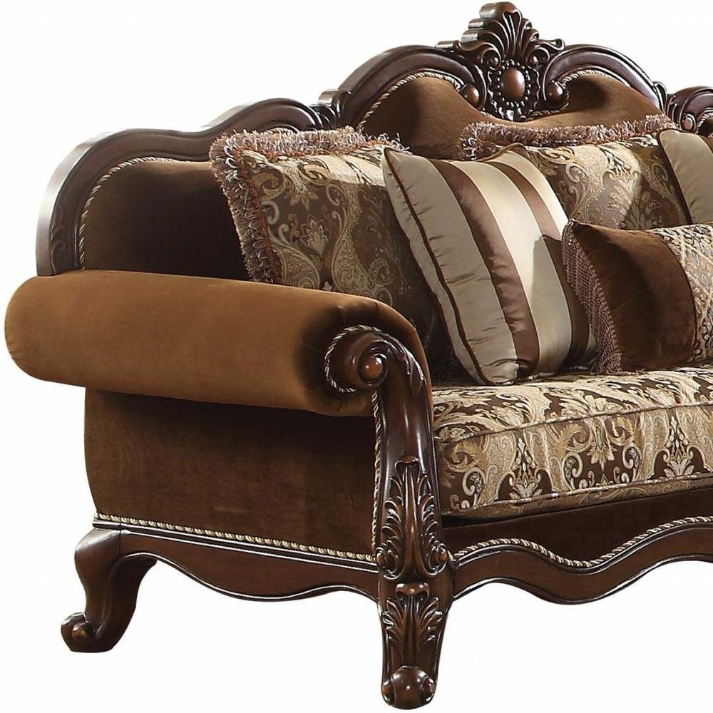 Oak Velvet Floral Sofa and Toss Pillows with Espresso Legs - 37-inch
