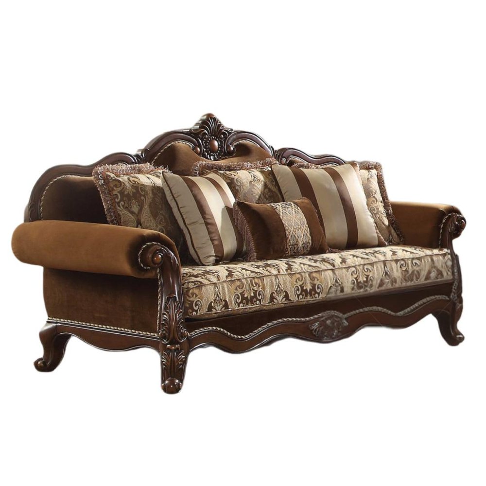Oak Velvet Floral Sofa and Toss Pillows with Espresso Legs - 37-inch