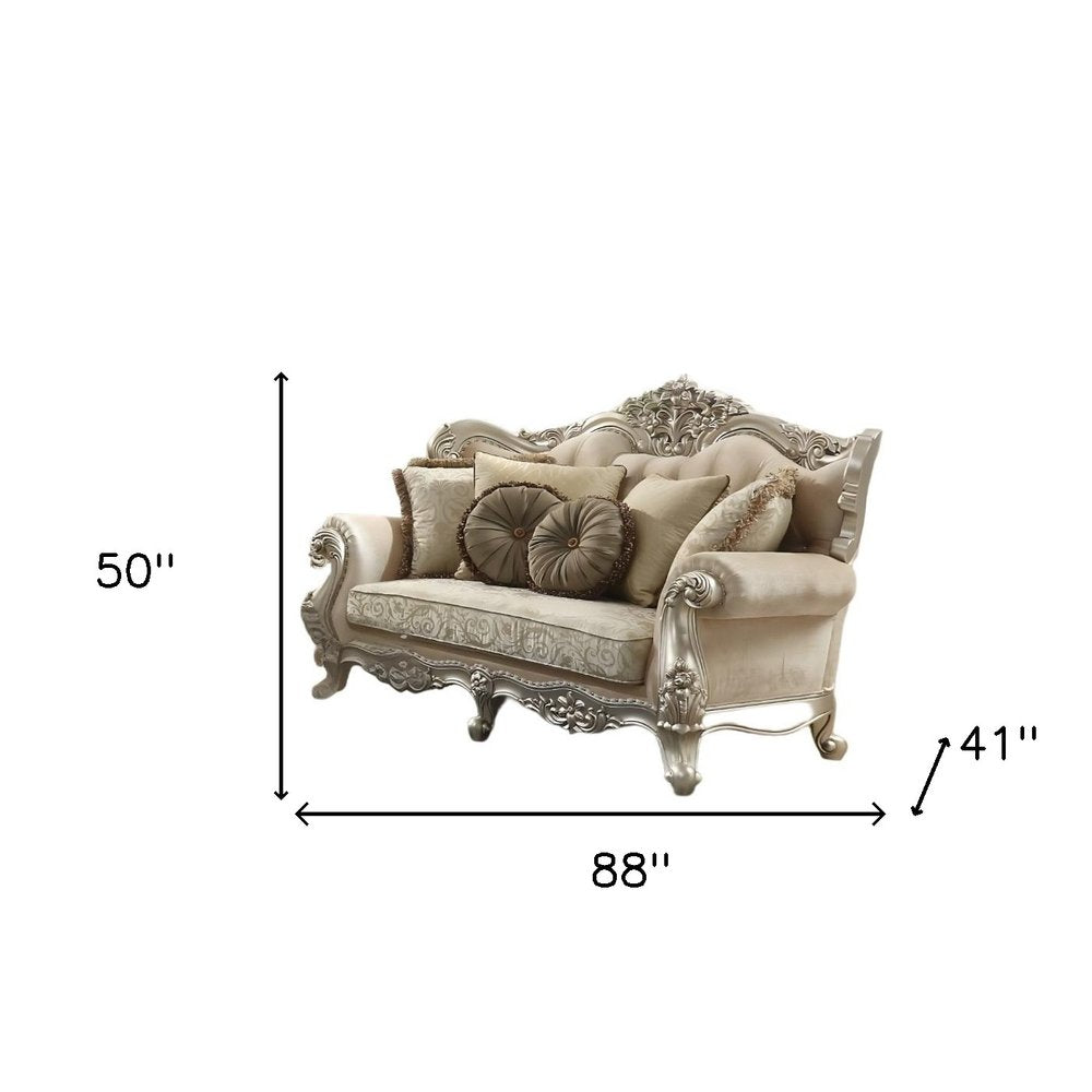 Champagne Velvet Curved Floral Sofa and Toss Pillows - 88-inch