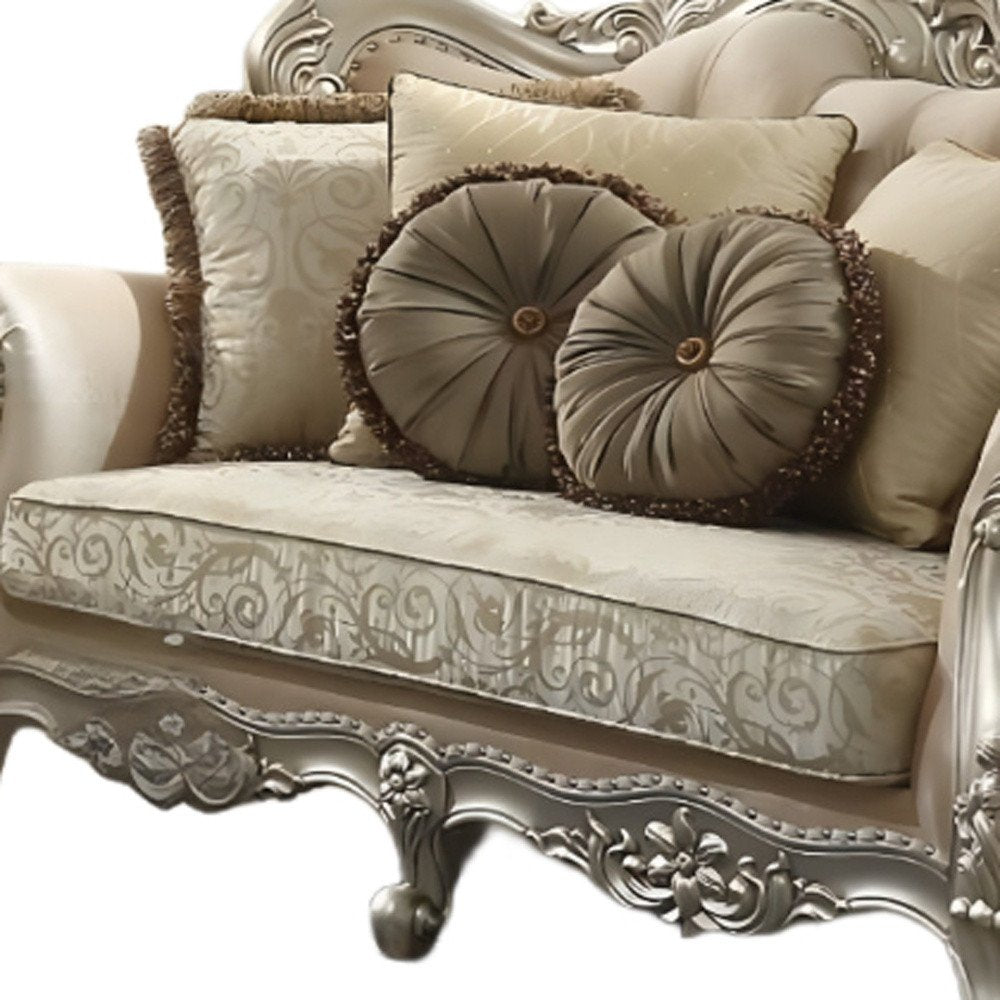 Champagne Velvet Curved Floral Sofa and Toss Pillows - 88-inch
