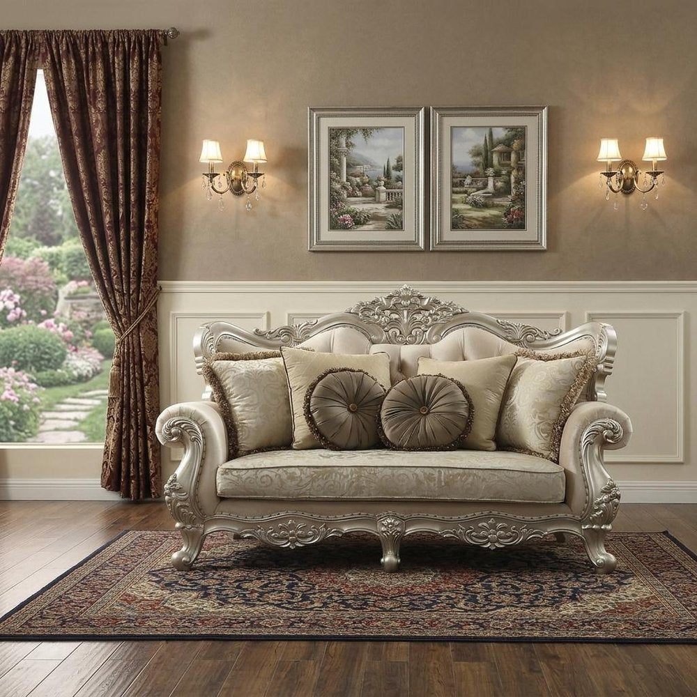 Champagne Velvet Curved Floral Sofa and Toss Pillows - 88-inch