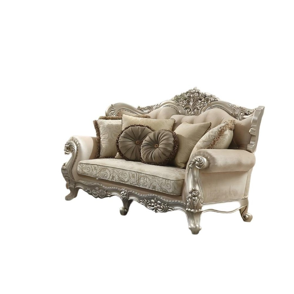 Champagne Velvet Curved Floral Sofa and Toss Pillows - 88-inch