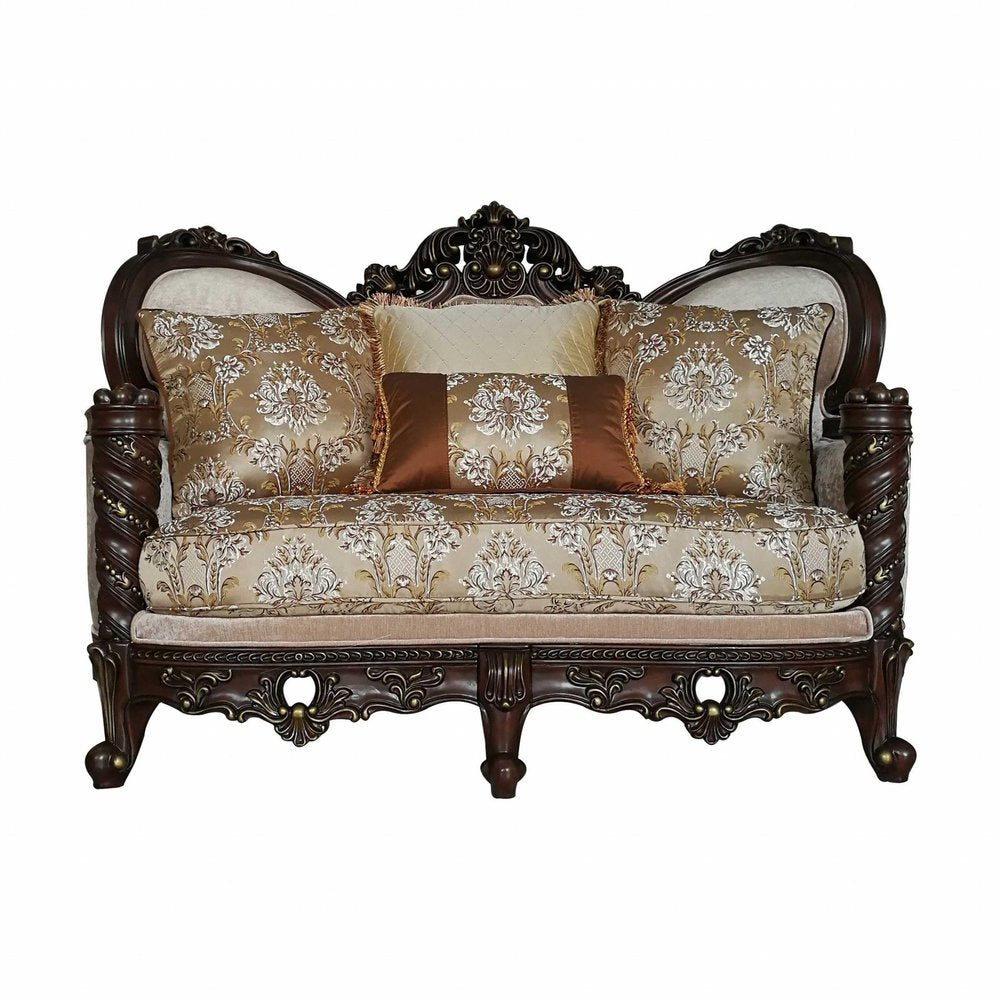 Cream and Brown Damask Chesterfield Loveseat and Toss Pillows - 68-inch