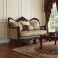 Cream and Brown Damask Chesterfield Loveseat and Toss Pillows - 68-inch