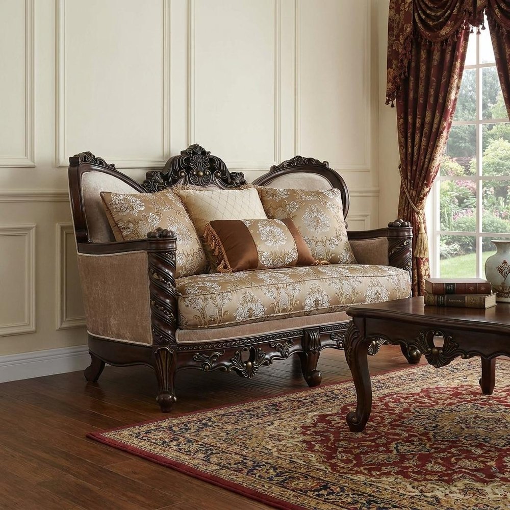 Cream and Brown Damask Chesterfield Loveseat and Toss Pillows - 68-inch