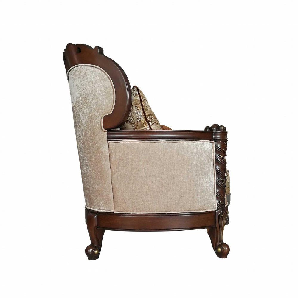 Cream and Brown Damask Chesterfield Loveseat and Toss Pillows - 68-inch