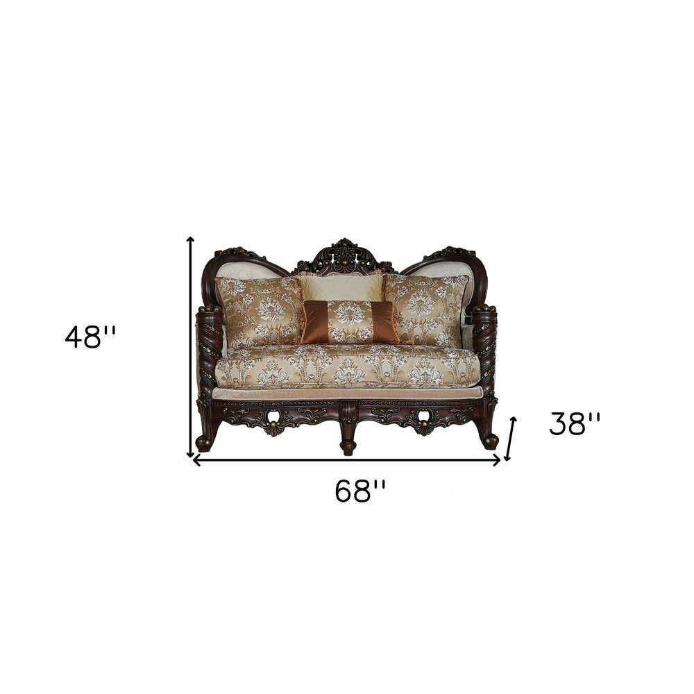 Cream and Brown Damask Chesterfield Loveseat and Toss Pillows - 68-inch