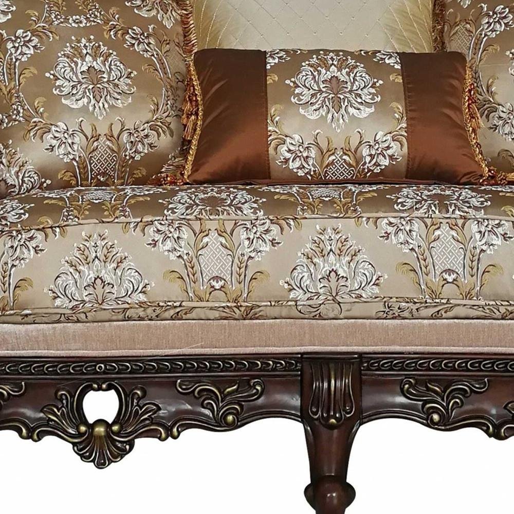 Cream and Brown Damask Chesterfield Loveseat and Toss Pillows - 68-inch
