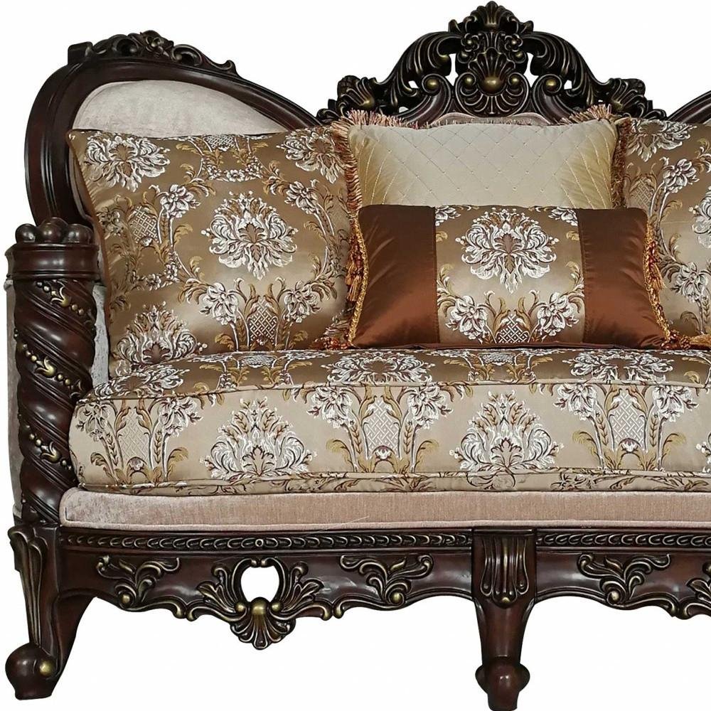Cream and Brown Damask Chesterfield Loveseat and Toss Pillows - 68-inch