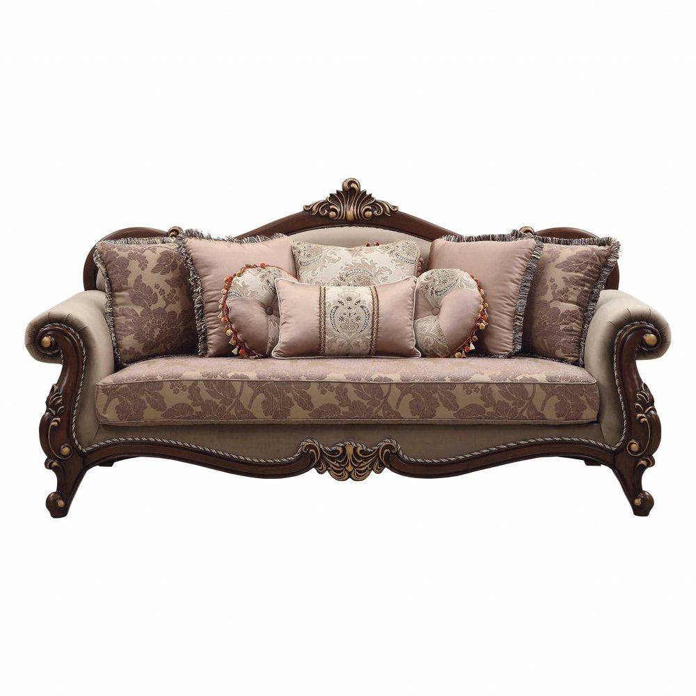 Beige Velvet Floral Sofa and Toss Pillows with Brown Legs - 88-inch