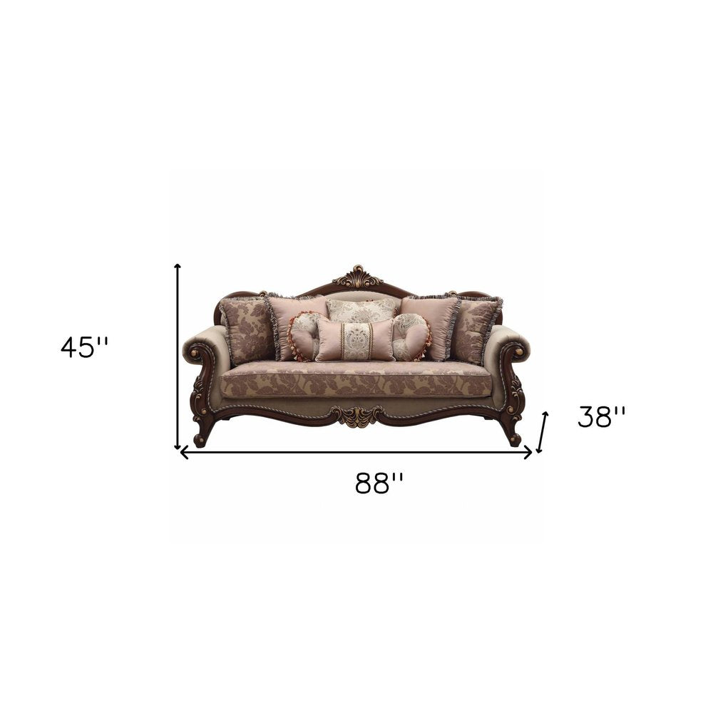 Beige Velvet Floral Sofa and Toss Pillows with Brown Legs - 88-inch