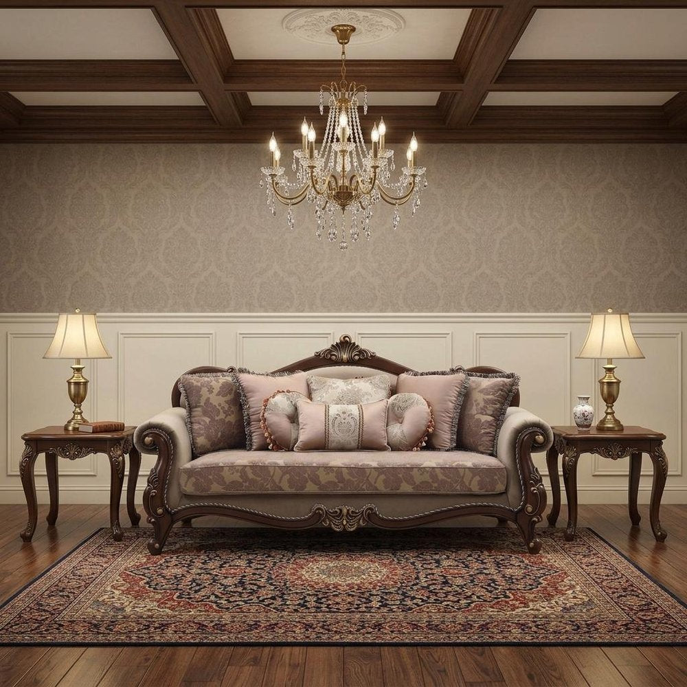 Beige Velvet Floral Sofa and Toss Pillows with Brown Legs - 88-inch