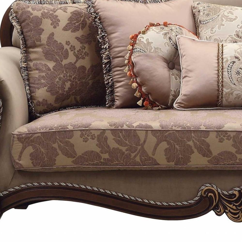 Beige Velvet Floral Sofa and Toss Pillows with Brown Legs - 88-inch
