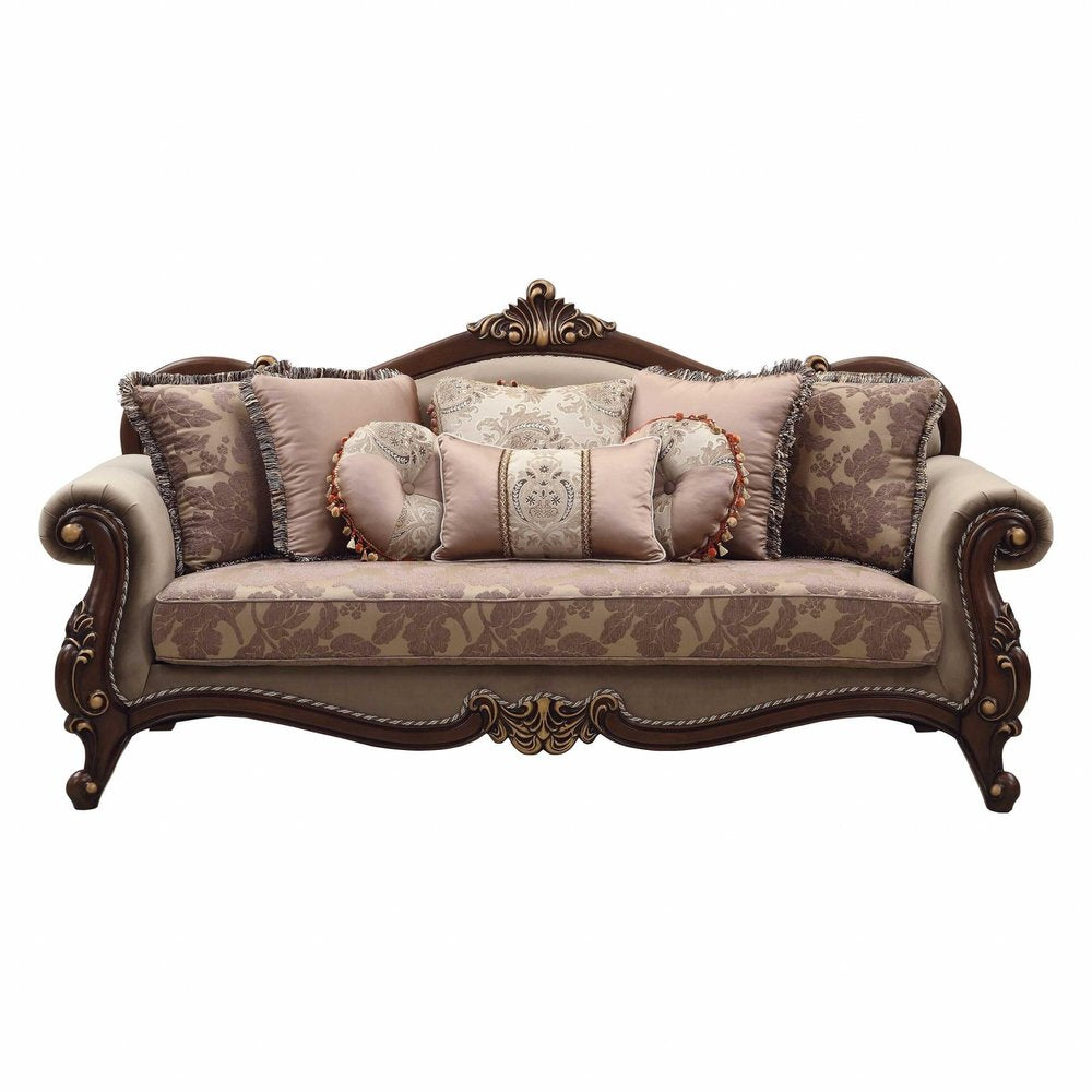 Beige Velvet Floral Sofa and Toss Pillows with Brown Legs - 88-inch