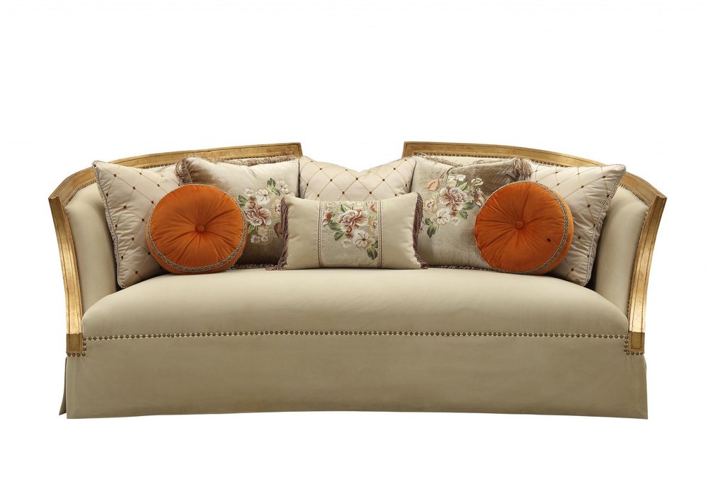 Beige Velvet Curved Sofa and Toss Pillows with Natural Legs - 41-inch