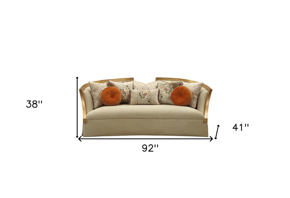 Beige Velvet Curved Sofa and Toss Pillows with Natural Legs - 41-inch