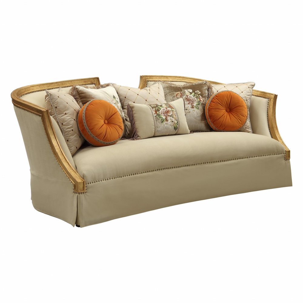 Beige Velvet Curved Sofa and Toss Pillows with Natural Legs - 41-inch