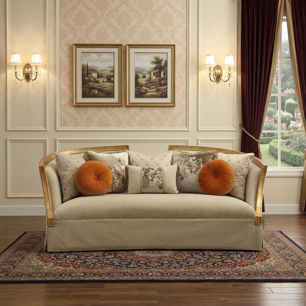 Beige Velvet Curved Sofa and Toss Pillows with Natural Legs - 41-inch