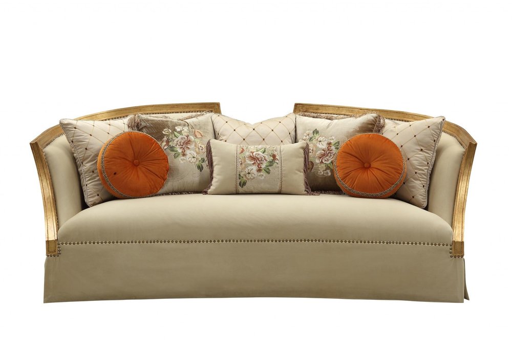 Beige Velvet Curved Sofa and Toss Pillows with Natural Legs - 41-inch