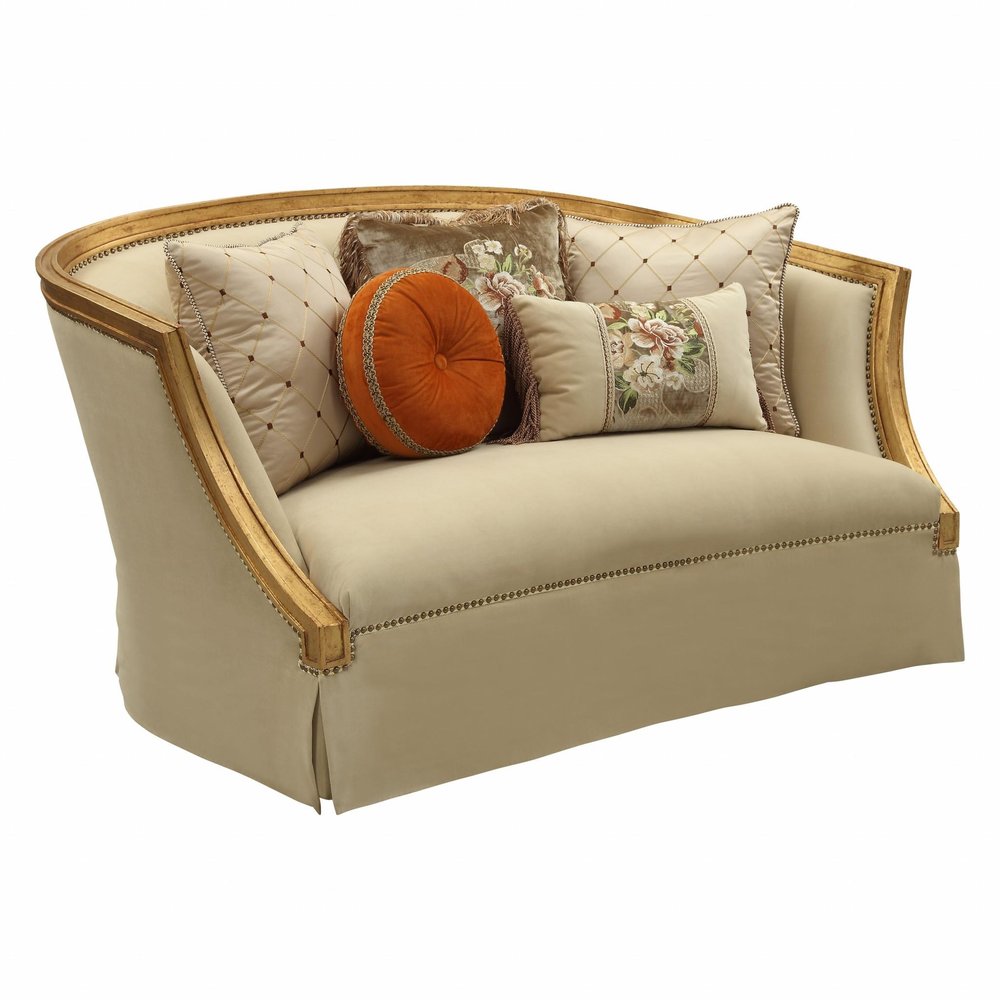 Tan and Gold Curved Loveseat and Toss Pillows - 70-inch